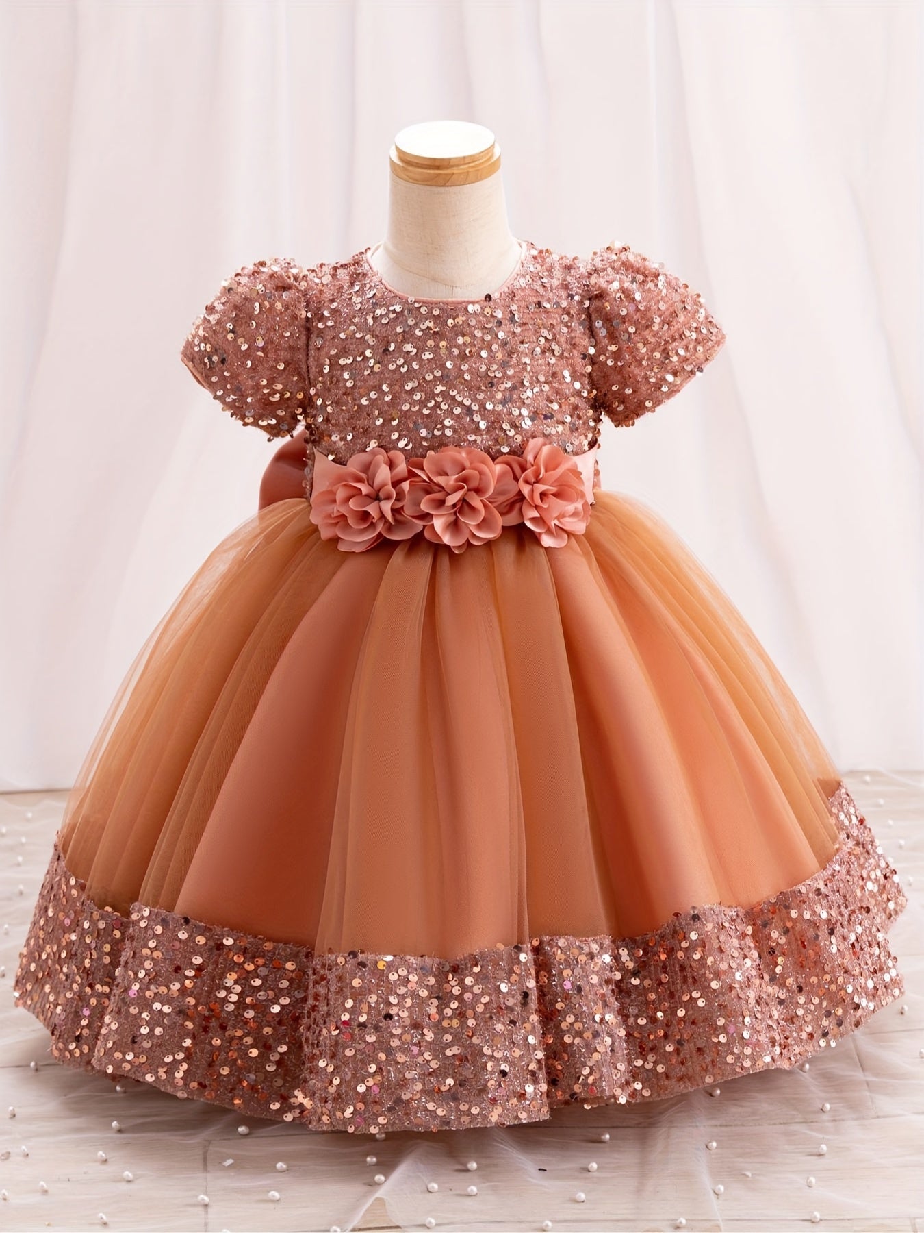 Gorgeous Sequin Flower Decor Puff Short Sleeve Tutu Dress Princess Dress Girls Kids Clothes Party Christmas
