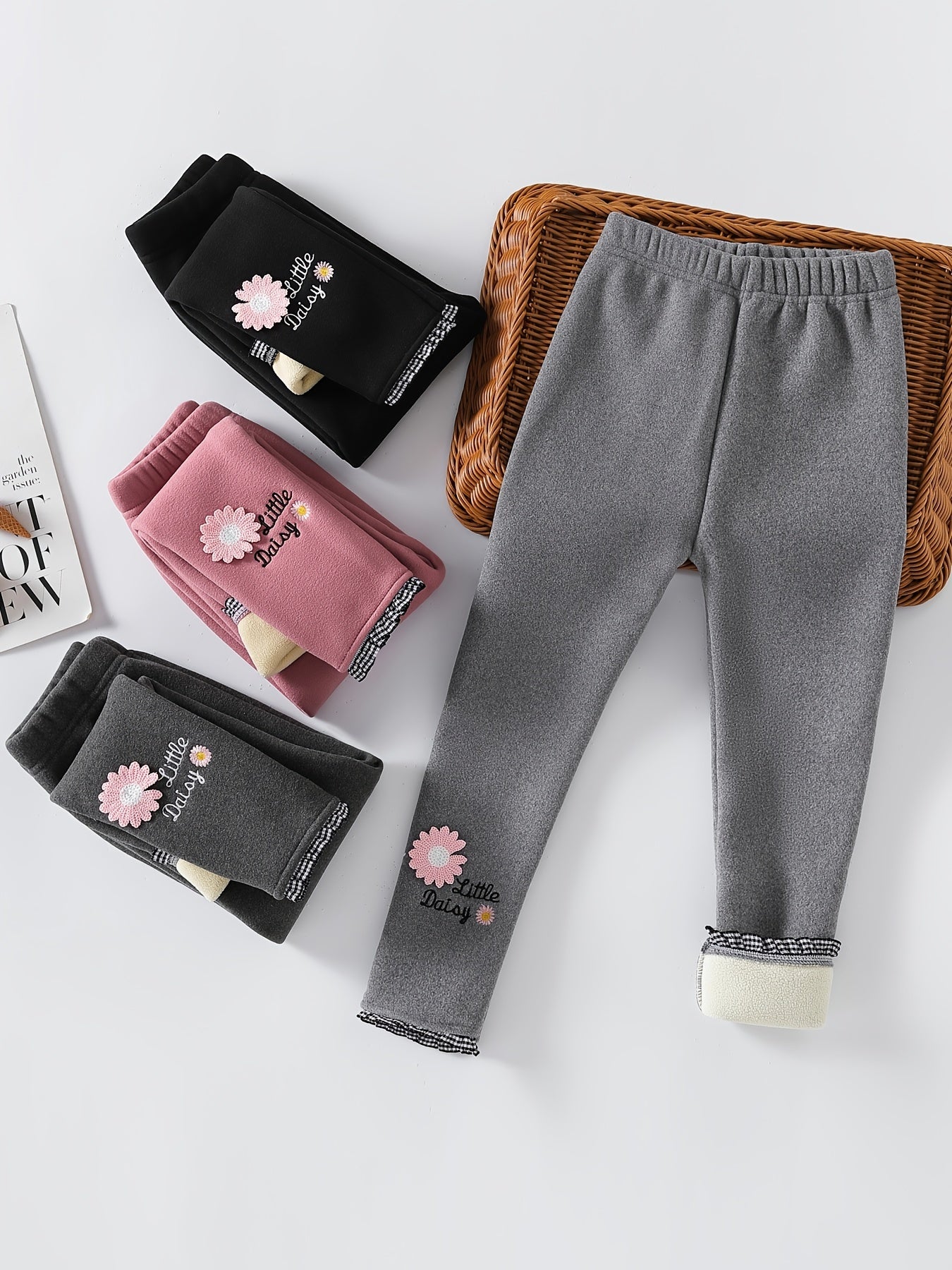 Girls' Winter Fleece-Lined Pants, Children's Outerwear Warm Trousers with Embroidery, Casual One-Piece Fleece Leggings for Medium and Large Sizes