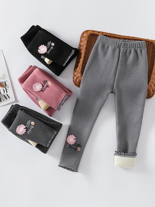 Girls' Winter Fleece-Lined Pants, Children's Outerwear Warm Trousers with Embroidery, Casual One-Piece Fleece Leggings for Medium and Large Sizes