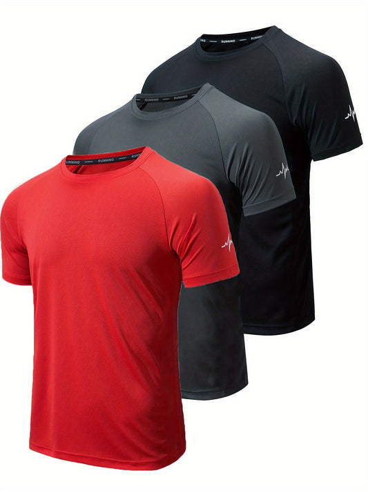3pcs Men's Athletic Compression T-Shirts - Moisture-Wicking, Breathable Mesh Workout Shirts, Short Sleeve, Round Neck - Black, White, Camo Pattern - Perfect for Gym, Running & Training, Gym Wear | Round Neck Tee | Nontransparent Fabric, Workout Accessorie