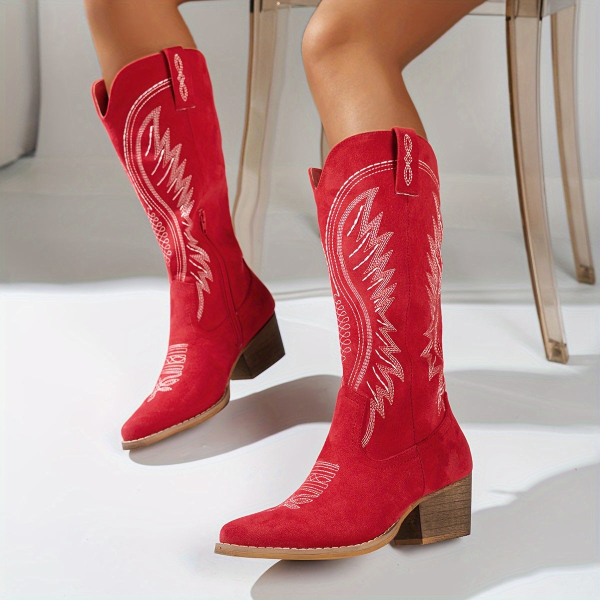 Women's Embroidered Cowboy Boots - Pointed Toe Mid-Heel Western Boots with Zipper Closure, Vibrant Color Options (Brown/Black/Red/White/Purple), TPR/Rubber Sole & Synthetic Cover Insole for Casual & Semi-Formal Outfits, Stylish Footwear