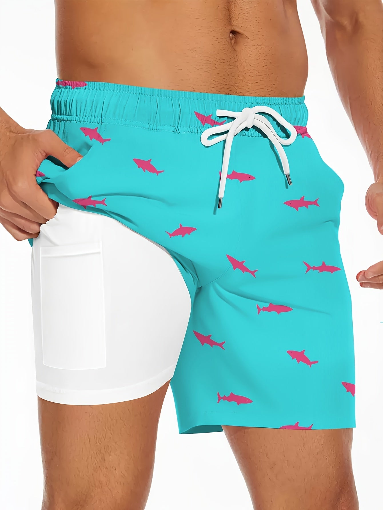 Men's Shark Pattern 2 In 1 Board Shorts With Drawstring And Pockets, Casual And Stylish Shorts For Summer Beach And Outdoors Wear