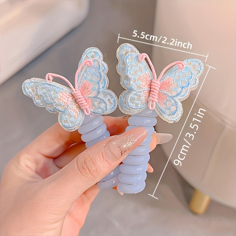 2pcs Boho Chic Butterfly Spiral Hair Ties - Colorful Elastic Ponytail Holders for Girls, Perfect for Parties & Holidays, Hair Accessories