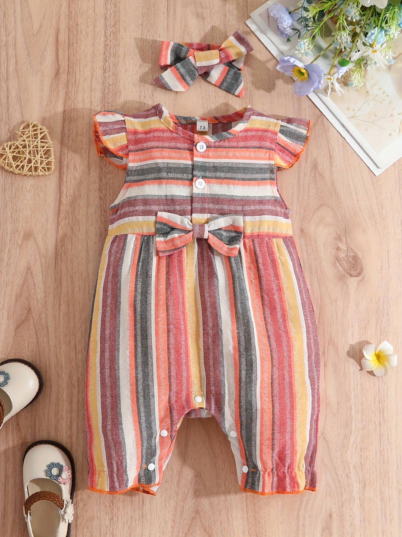 Baby Girl'S Casual Striped Romper with Bow Detail - Sleeveless Ruffled Hem, Mid-Length, Non-Stretch Fabric, Perfect for Spring/Fall, Baby Girl Outfit, Spring Baby Wear, Playful Babywear, Easy Care Clothing, for Outdoor