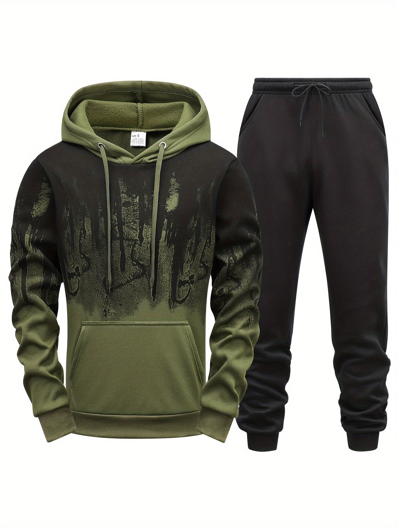 Men'S Casual Sweatshirt & Jogger Set - Red & Black Abstract Print, Breathable Polyester, Machine Washable, Long Sleeve Pullover with Kangaroo Pocket, Perfect for Spring/Fall, Casual Attire|Abstract Print Top|Washable Fabric, Sweater Pants