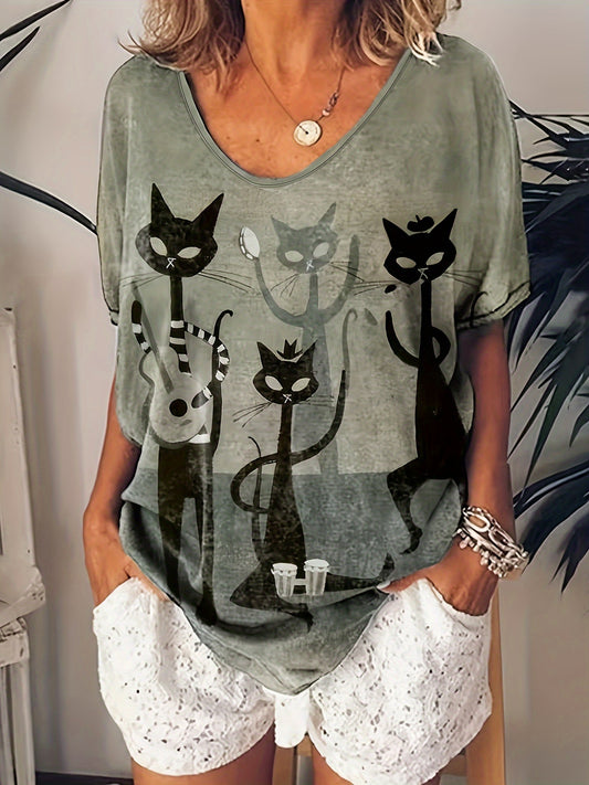 Cat Print Short Sleeve T-Shirt, Casual Top For Spring & Summer, Women's Clothing
