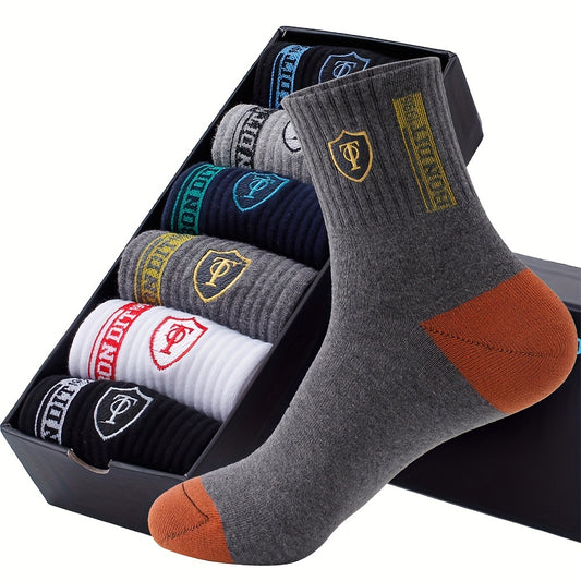 6pcs LIJIE Men's Breathable Crew Socks - Casual Business Style with Letter Print, Comfortable Polyester & Spandex Blend, Hand Wash Only, Assorted Colors, Versatile Dress Socks|Logo Printed Socks|Comfortable Fit Socks
