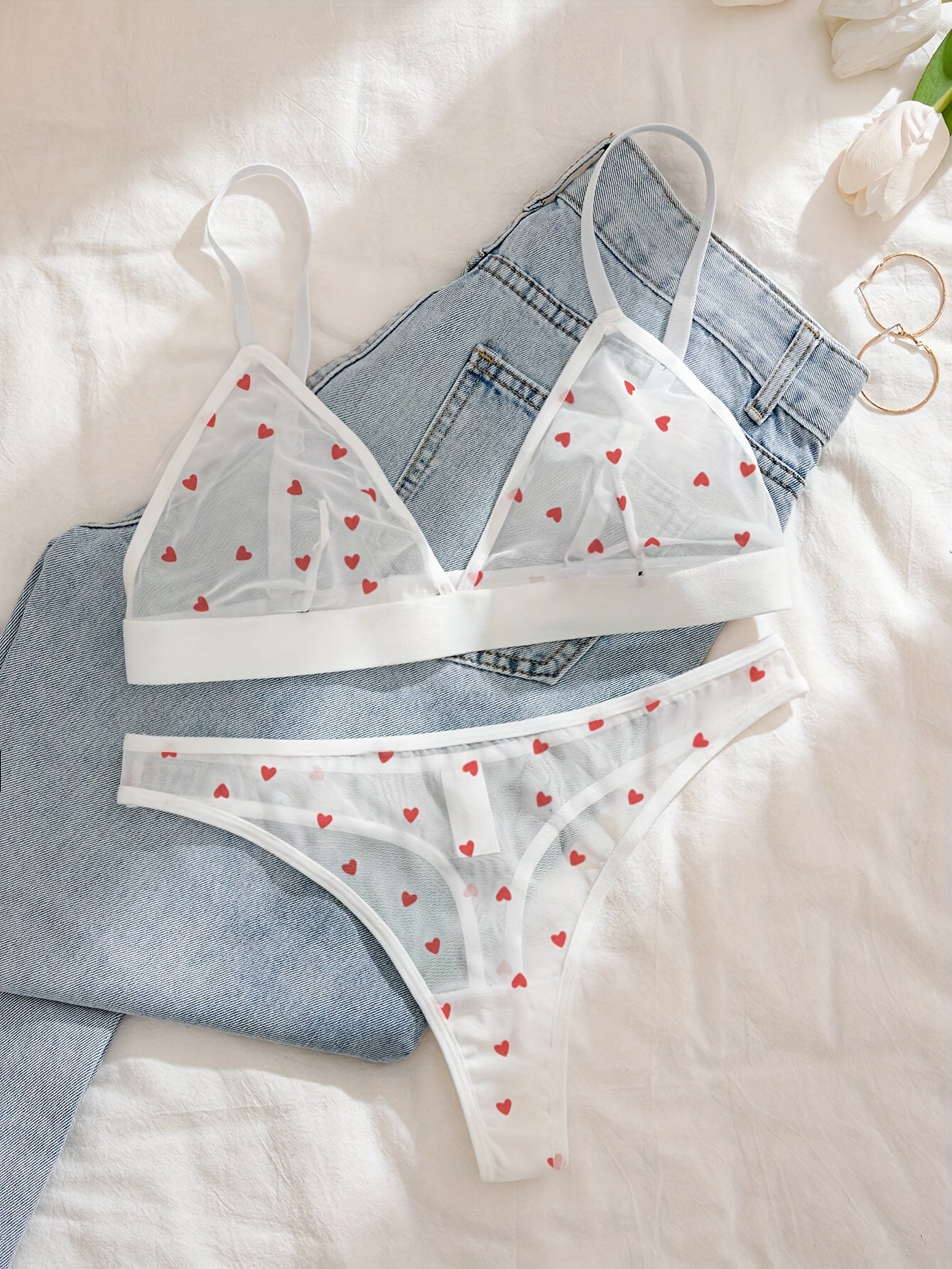 2pcs Sheer Mesh Bikini Set with Floral Heart Print & Sheer Triangle Top - Women's Beachwear, Breathable Comfort Fit Matching Bottoms, Machine Washable Lingerie for Pool & Summer Outfits