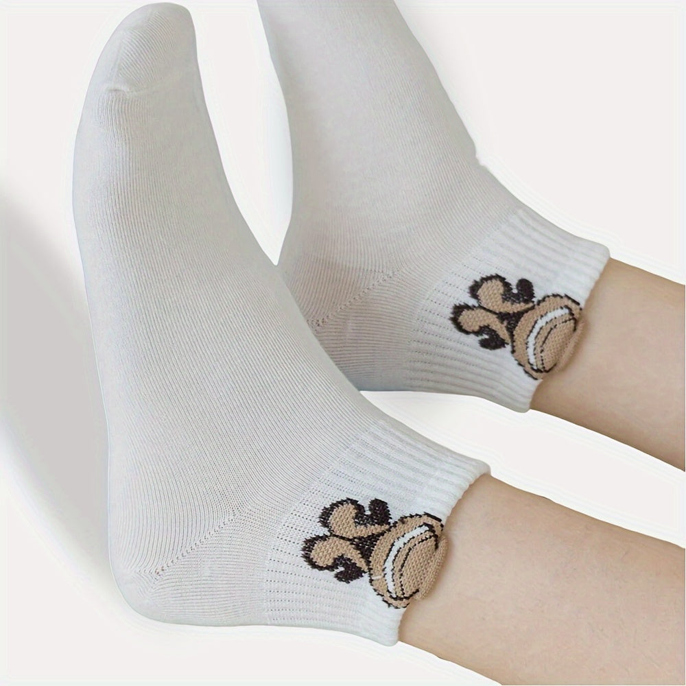 5 Pairs Women's Invisible No-Show Socks - Cute Bear & Love Design, Moisture-Wicking Breathable Fabric, Soft Smooth Short Socks for Sports, Festivals, Leisure (White & Black), Cute Socks, Festival Accessories, Moisturewicking Fabric