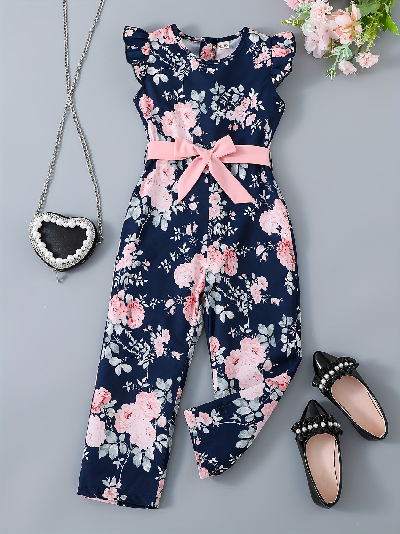 Summer Girls' Casual Floral Print Sleeveless Jumpsuit with Back Zipper & Adjustable Waist Belt - Navy Blue Round Neck, Straight Leg Design for Outdoor Play & Weekend Outings, Comfortable Fit, Perfect for Outdoor