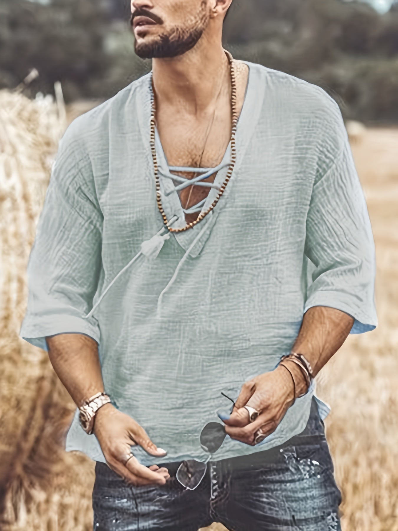 Men's Summer Casual V-Neck Breathable Short-Sleeve Fashion Drawstring Solid Color T-Shirt with Wrinkle Fabric