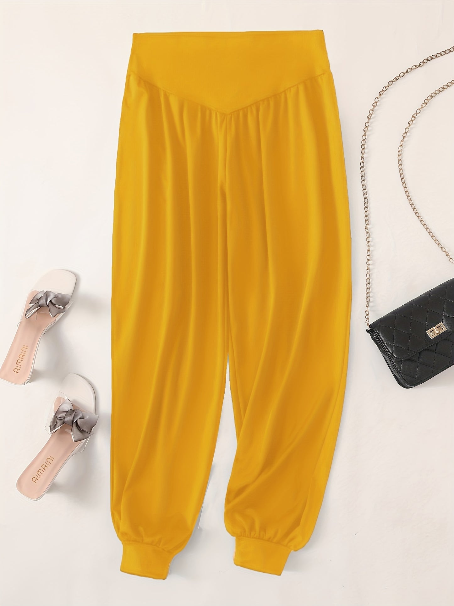 Women's Plus Size Bright Yellow Harem Pants - Casual Stretch Polyester, Ruched Waist, Comfort Fit for Casual Attire, Spring Autumn Pants|Flowing Fashion Pants|Glossy Fabric Pants