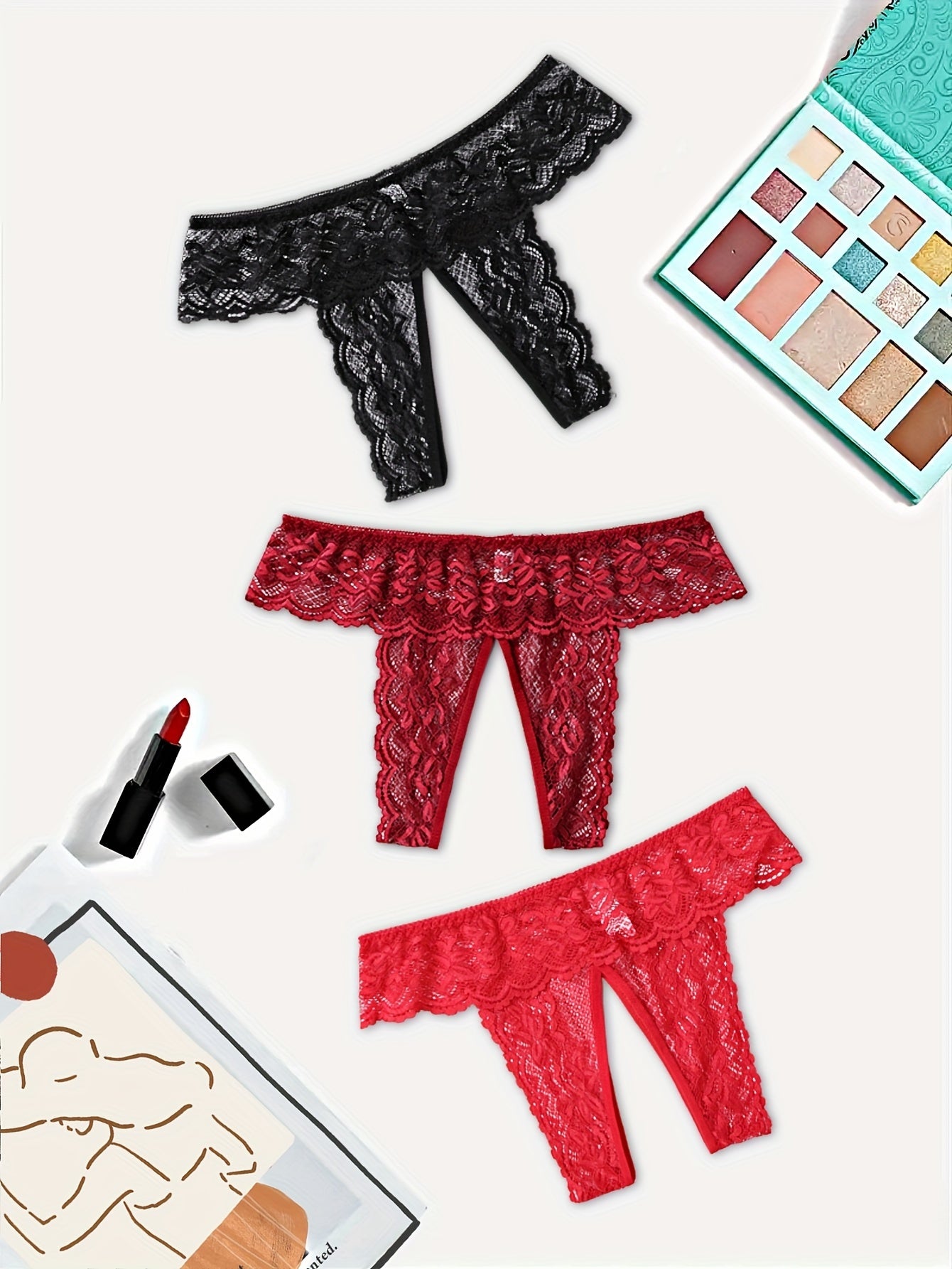 Women'S Sexy Red Lace Thong Panties - Open Crotch Design with Cut-Out Details, Breathable & Comfortable Intimate Underwear for Valentine'S Day or Special Occasions, Romantic Clothing, Elegant Style, Intricate Detailing