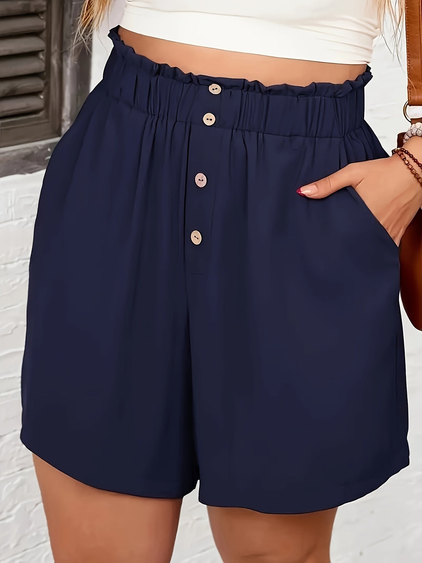 Plus Size Button Front Wide Leg Shorts, Casual Slant Pocket Elastic Waist Shorts, Women's Plus Size Clothing