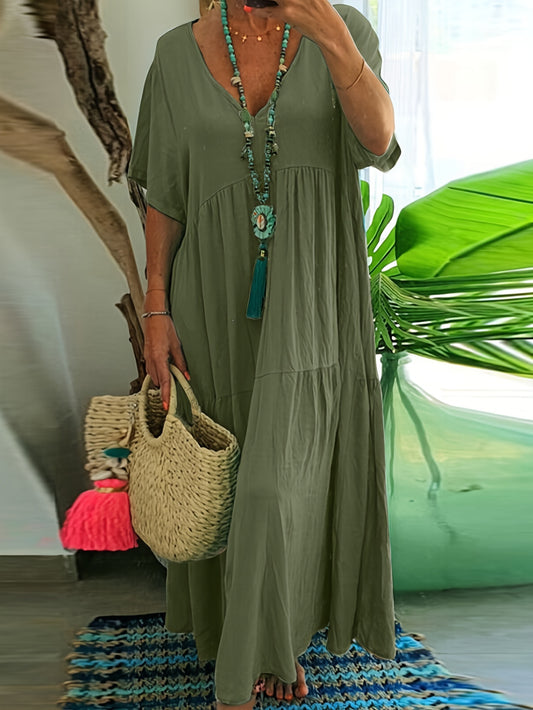 Plus Size - Women'S Plus Size A-Line Pleated Maxi Dress - V-Neck, Short Sleeve, Solid Color, Light Blue & White Stripes, Summer Elegance, Casual Style, Casual Summer Dress | Vneck Dress | Pleated Detailing, Plus Size Dress