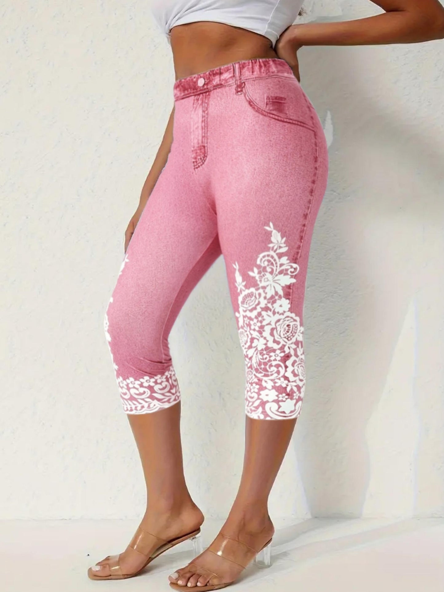 Women's Stretchy Imitation Denim Floral 3D Print Leggings - High-Waisted Summer Casual Pants with Elastic Waistband, Machine Washable, High Waisted Leggings, Comfortable Leggings, Floral Leggings, Detailed Print Leggings