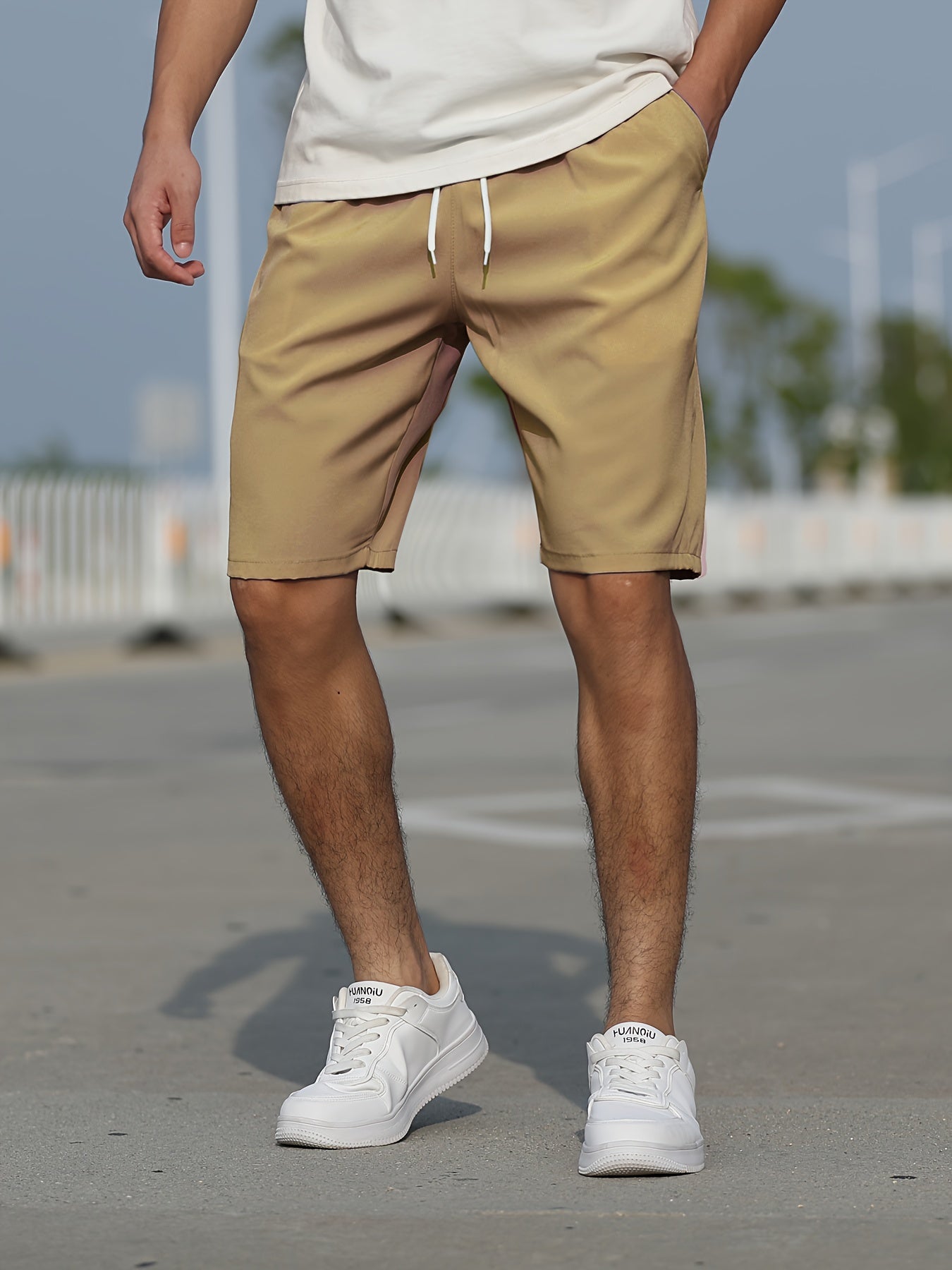 Casual Slightly Stretch Graphic Drawstring Shorts, Men's Clothes For Summer