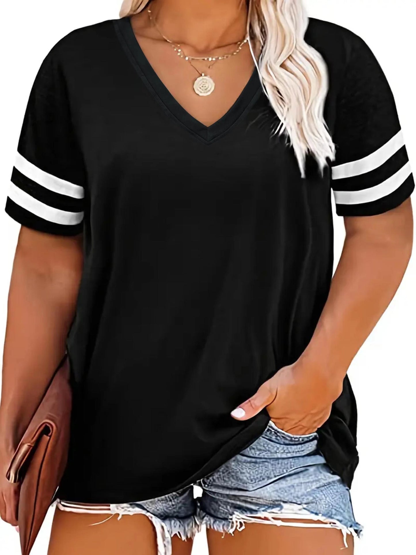 Plus Size Women's V-Neck Short Sleeve T-Shirt - Lightweight Stretchy Summer Tee with Random Print, Loose Casual Fit, Machine Washable, Sizes XL-5XL for Everyday & Office Wear, Versatile Clothing, Striped Print Shirt, Soft Fabric Shirt, Durable Comfort