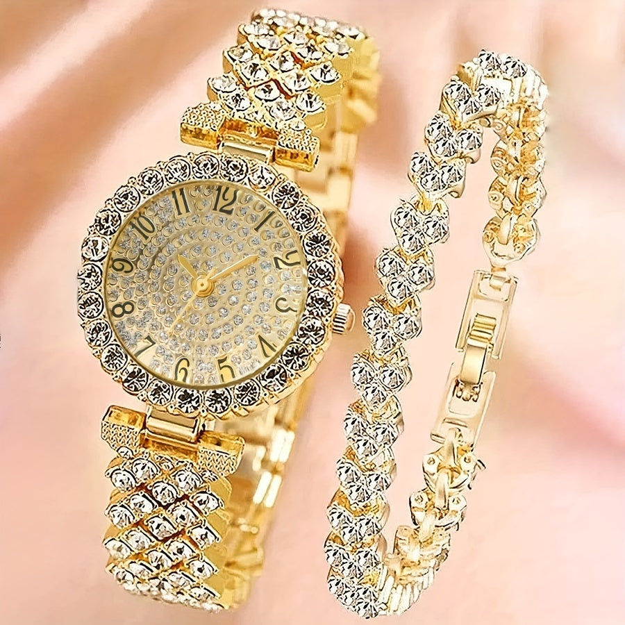 2pcs Elegant Rhinestone Watch Stainless Steel Fashion Minimalist Luxury Full Rhinestone Bracelet Quartz Watch Gifts for Eid