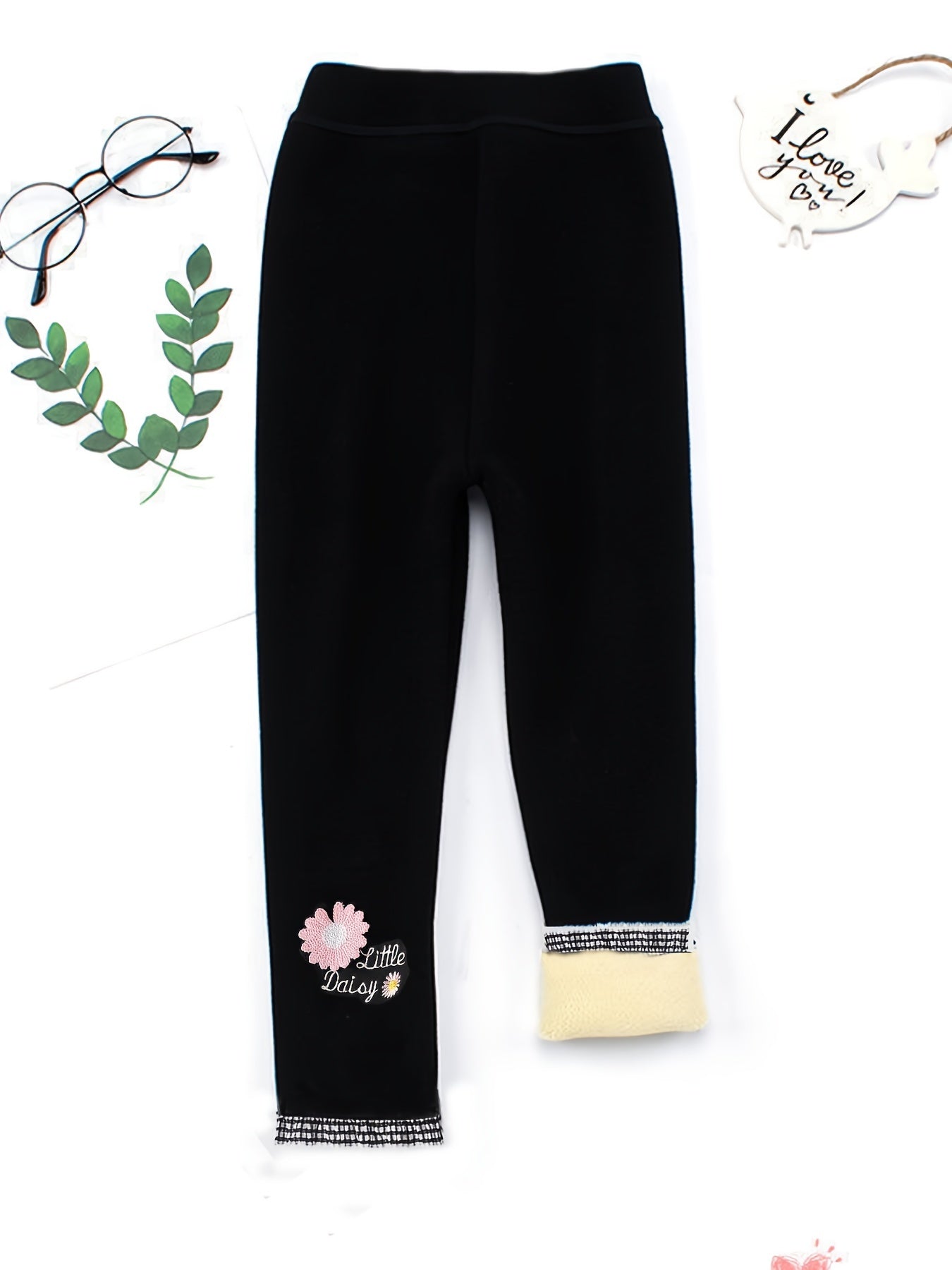 Girls' Winter Fleece-Lined Pants, Children's Outerwear Warm Trousers with Embroidery, Casual One-Piece Fleece Leggings for Medium and Large Sizes