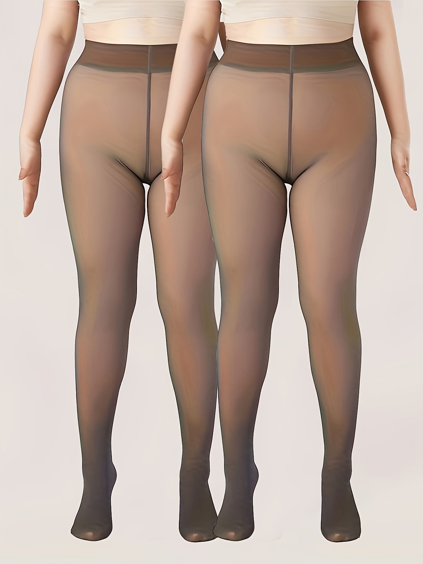 2pcs Plus Size Autumn/Winter Sheer Pantyhose, Faux Light Beige-Tone Leggings with Built-in Tights