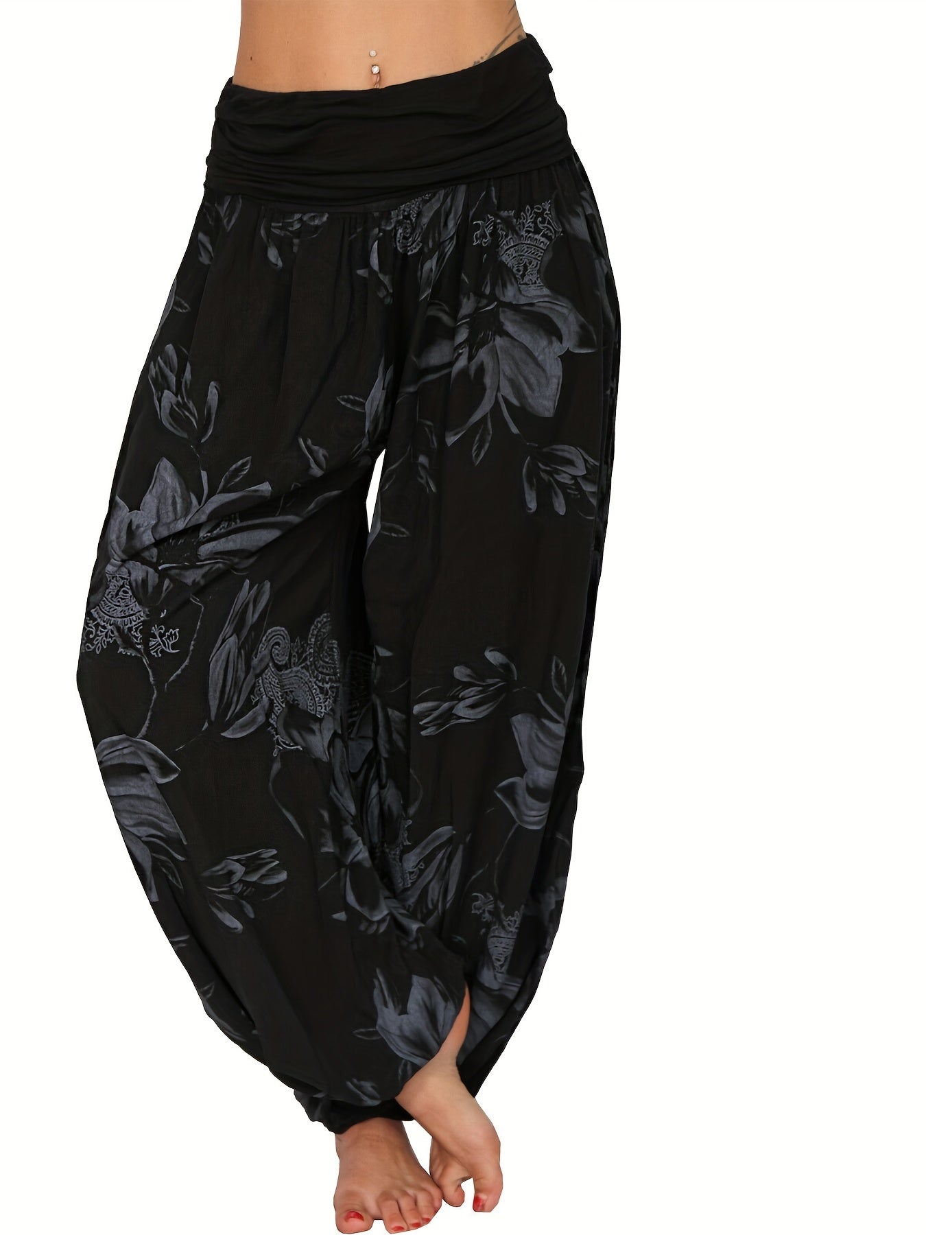 Women's Floral Print Harem Pants - Lightweight Polyester, Wide Leg, Casual Vacation Style, Blue and White Flowers, Relaxed Fit Pants|Vacation Style Pants|Machine Washable Fabric, Ladies Pants