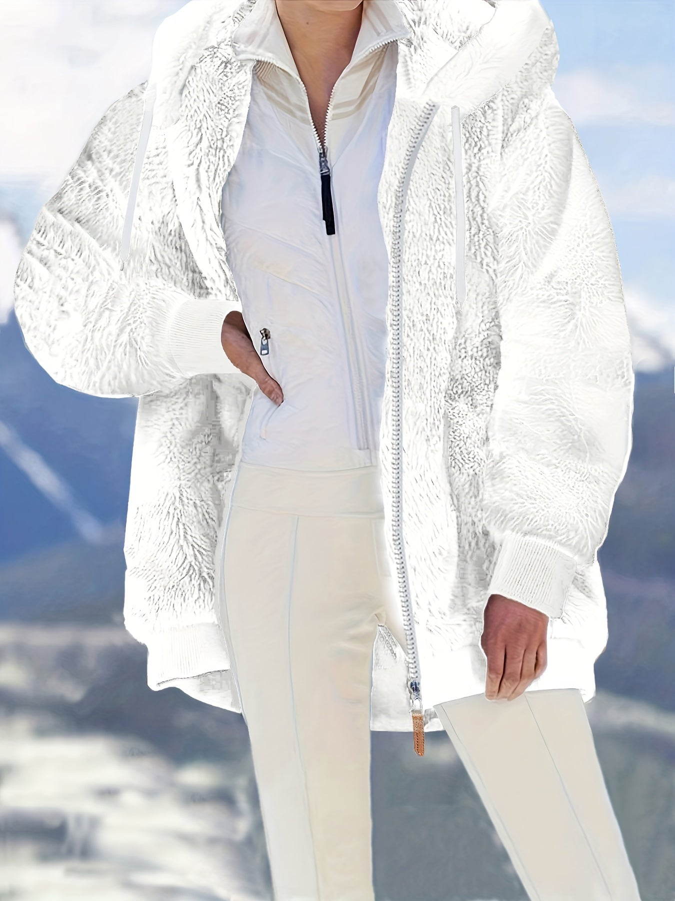 Plus Size - Women'S Cozy Fleece-Lined Hooded Jacket - Oversized Zip-Up with Drawstring, White, All-Season Comfort, Casual Style, Casual Winter Wear | Oversized Hooded Jacket | Zippered Hoodie, Winter Hoodie