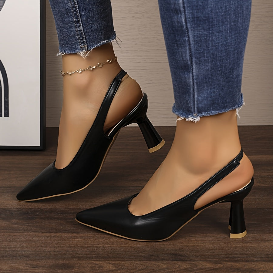 Women's Elegant Pointed-Toe High-Heel Mules - Glossy White Faux Cover Upper with Back Strap & Low-Top Design, All-Season Versatile Dress Shoes for Work, Office, Formal Events - Comfortable & Durable Rubber Sole, Hand Washable, Minimalist Chic Style, Sharp