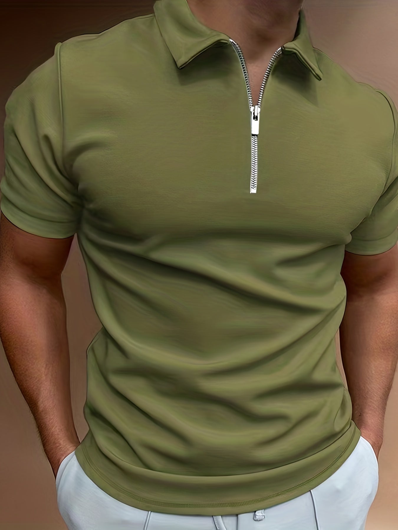 [Golf Apparel] Men's Classic White Shirt - Casual Summer Style with Short Sleeves, Zipper Collar, and Stretch Polyester Fabric - Perfect for Streetwear & Golf