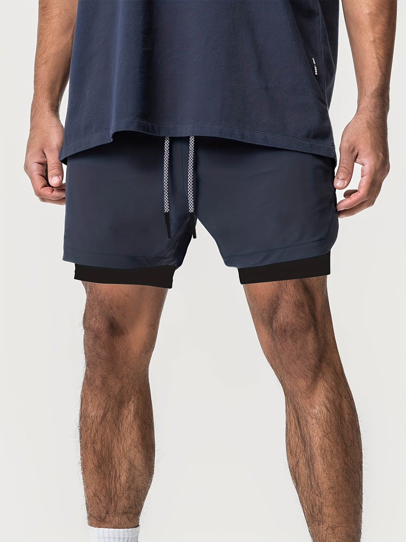2-in-1 Double Layer Shorts With Inner Zipper Pocket, Men's High Stretch Sports Shorts For Summer Gym Workout Training