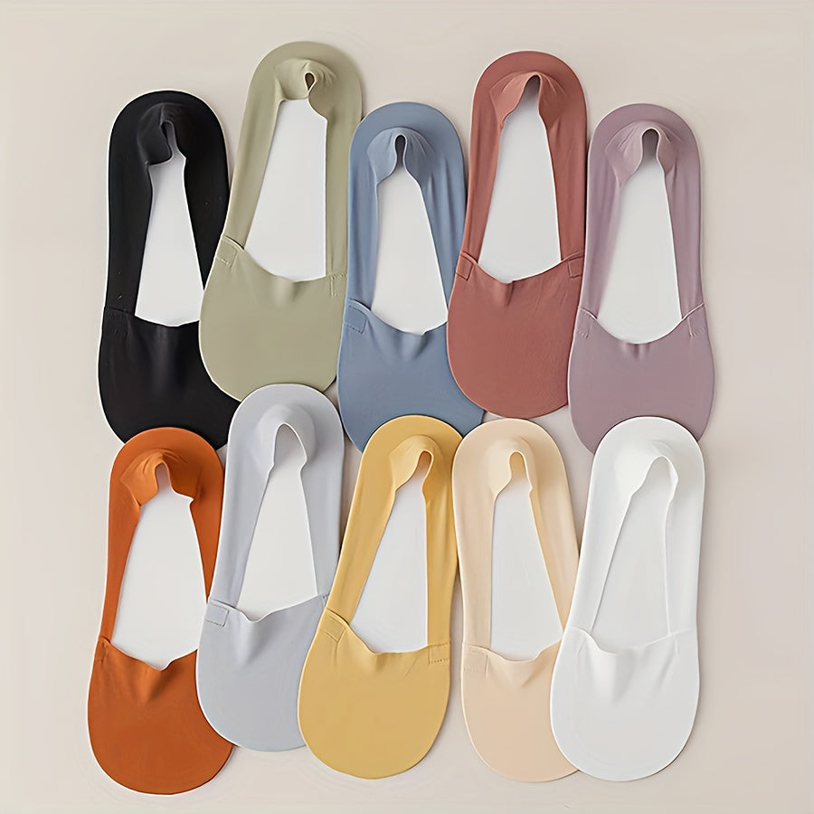 5 Pairs Solid Ice Silk Socks, Non-slip Breathable Low Cut Invisible Socks, Women's Stockings & Hosiery