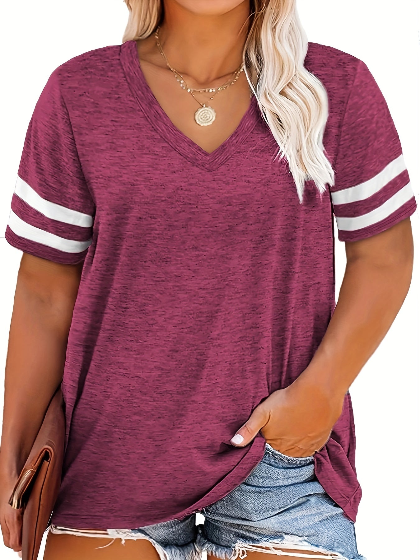 Plus Size Women's V-Neck Short Sleeve T-Shirt - Lightweight Stretchy Summer Tee with Random Print, Loose Casual Fit, Machine Washable, Sizes XL-5XL for Everyday & Office Wear, Versatile Clothing, Striped Print Shirt, Soft Fabric Shirt, Durable Comfort