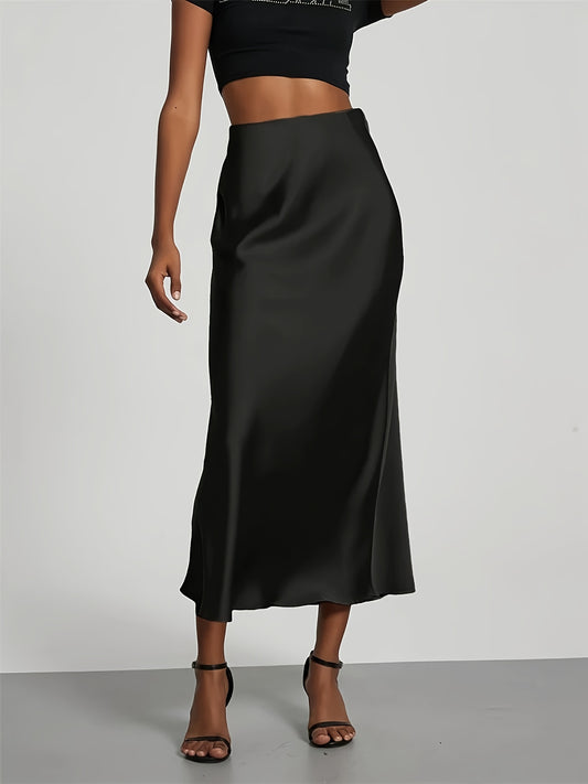 Women's High-Waist Satin Midi Skirt - Elegant Solid Black, Flared Design, Perfect for Dates & Work, All-Season Polyester Skirt, Office Wear Skirt | Flared Skirt Style | Quality Construction