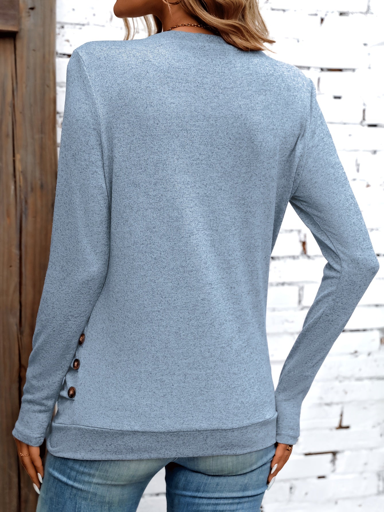 Women's Elegant Long Sleeve Top - Soft Round Neck Button-Up Blouse, Machine Washable Solid Color Shirt for Spring & Fall, Versatile Casual to Formal Wear, Transitional Season Clothing, Sophisticated Pullover, Durable Knitwear
