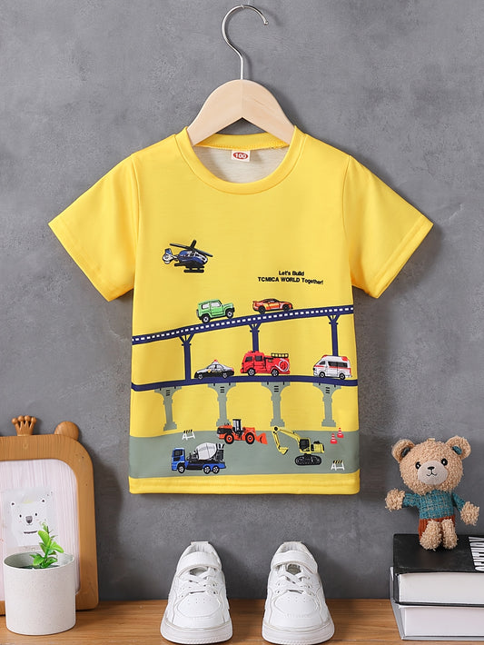 Boys' Summer T-Shirt with Cartoon Car Print - Soft Polyester & Spandex Blend, Casual Round Neck Tee for Youngsters, Leisure Style, Conventional Version, Xia