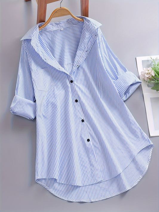 Plus Size - Women'S Plus Size Casual Striped Long Sleeve Shirt - Loose Fit Pointed Collar Button-Up Top with Vertical Stripes, Lightweight Non-Stretch Fabric for Spring Summer Fall, Versatile for Casual & Formal Wear, Seasonal Fashion, Classic Stripe Patt