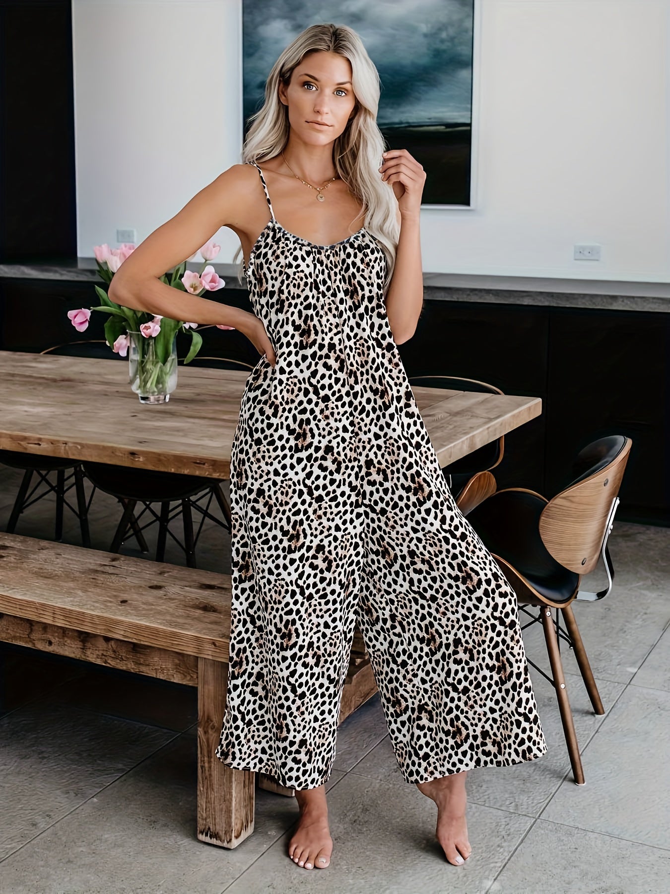 Women's Casual Tie-Dye Cami Jumpsuit - Sexy Wide Leg, Sleeveless, Vibrant Orange and Brown Print, Perfect for Spring/Summer/Fall