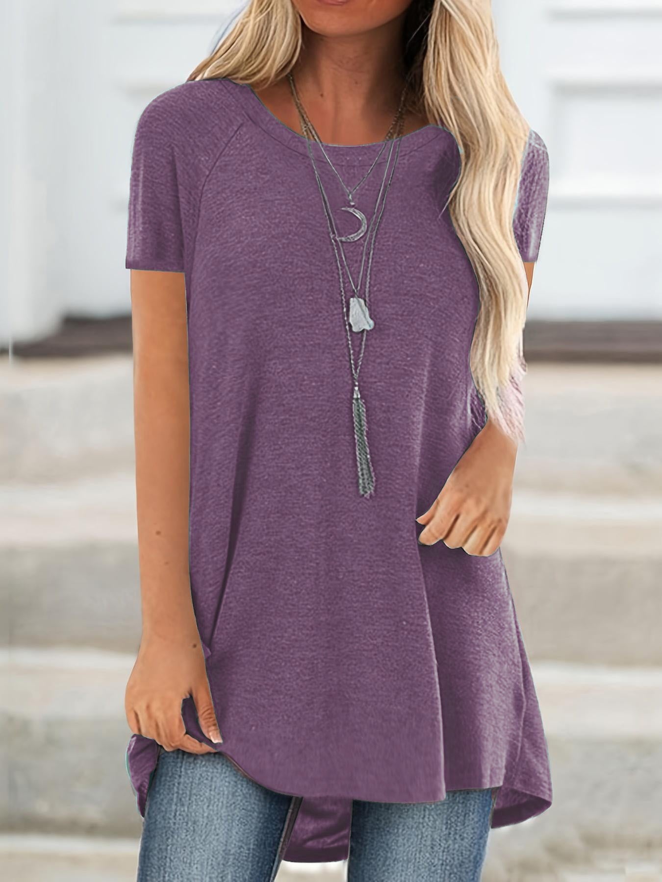 Solid Longline T-Shirt, Crew Neck Short Sleeve T-Shirt, Casual Every Day Tops, Women's Clothing