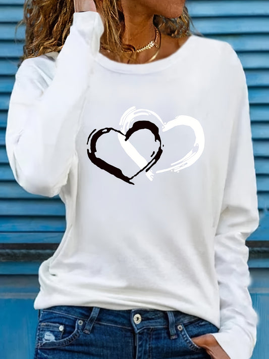 Heart Print Crew Neck T-shirt, Casual Long Sleeve Top For Spring & Fall, Women's Clothing