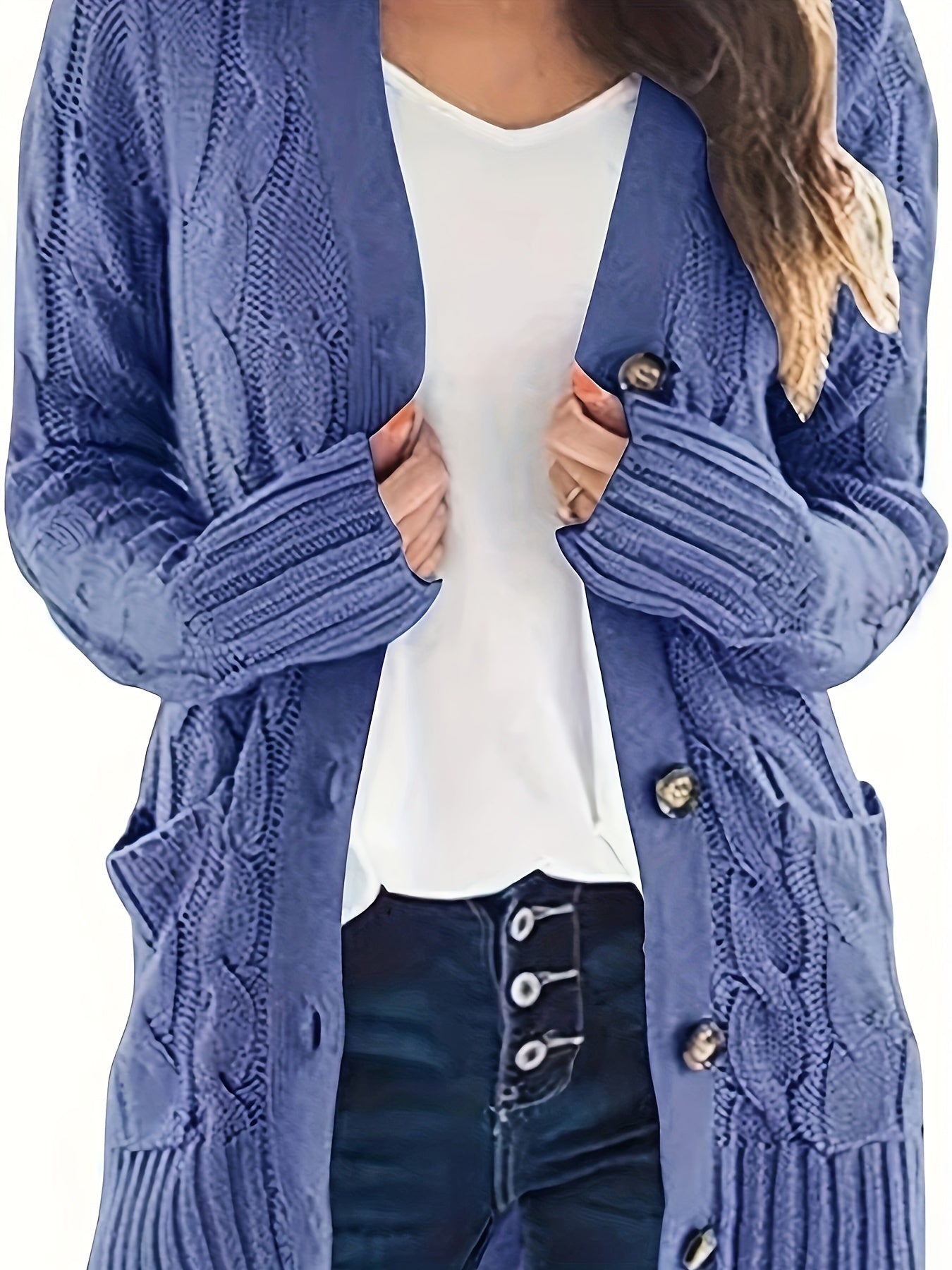 Plus Size Casual Cardigan, Women's Plus Cable Knit Long Sleeve Button Up High Stretch Cardigan With Pockets