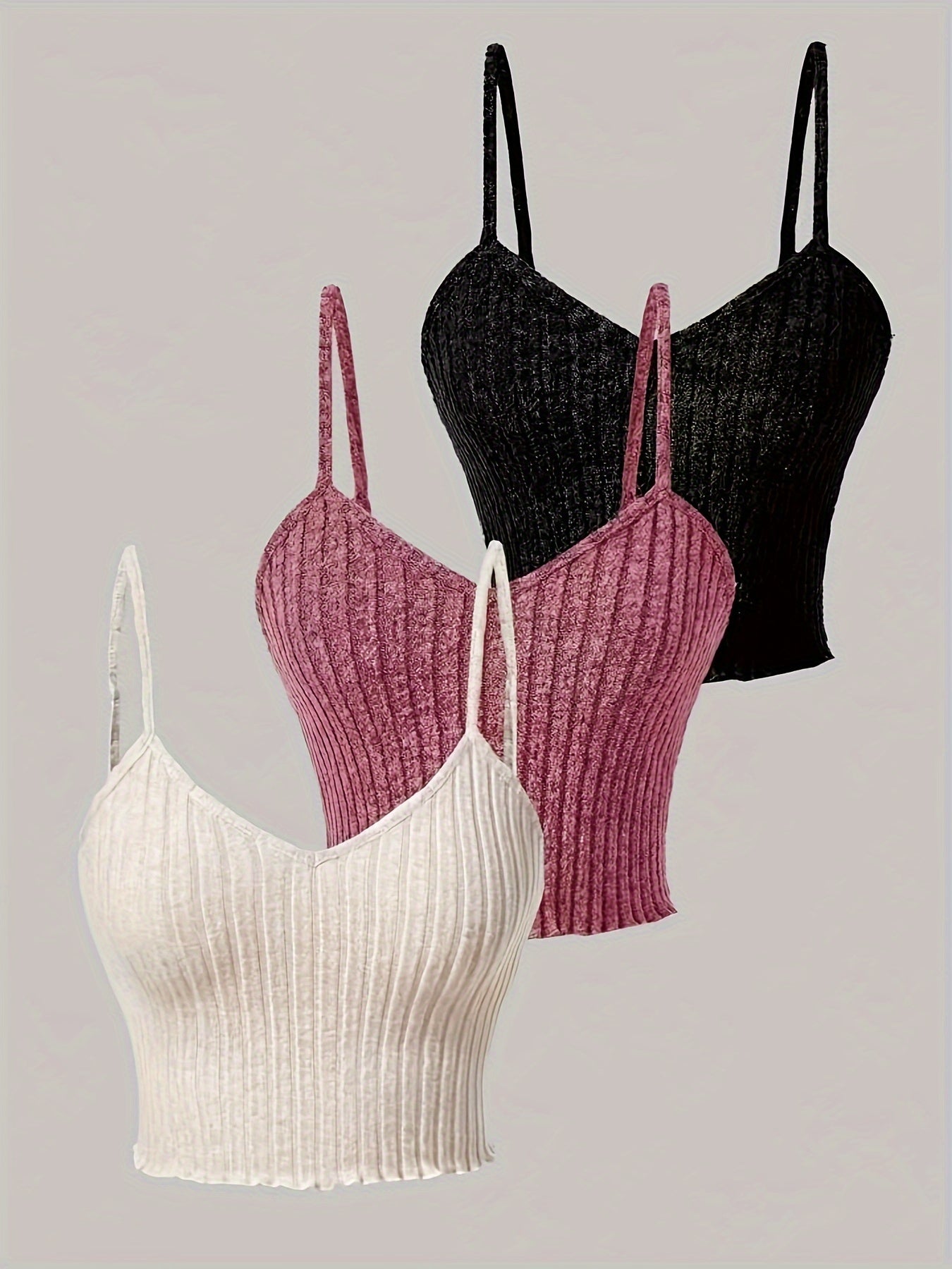 3pcs Ribbed Spaghetti Strap Tank Top, Casual Sleeveless Tank Top For Summer, Women's Clothing