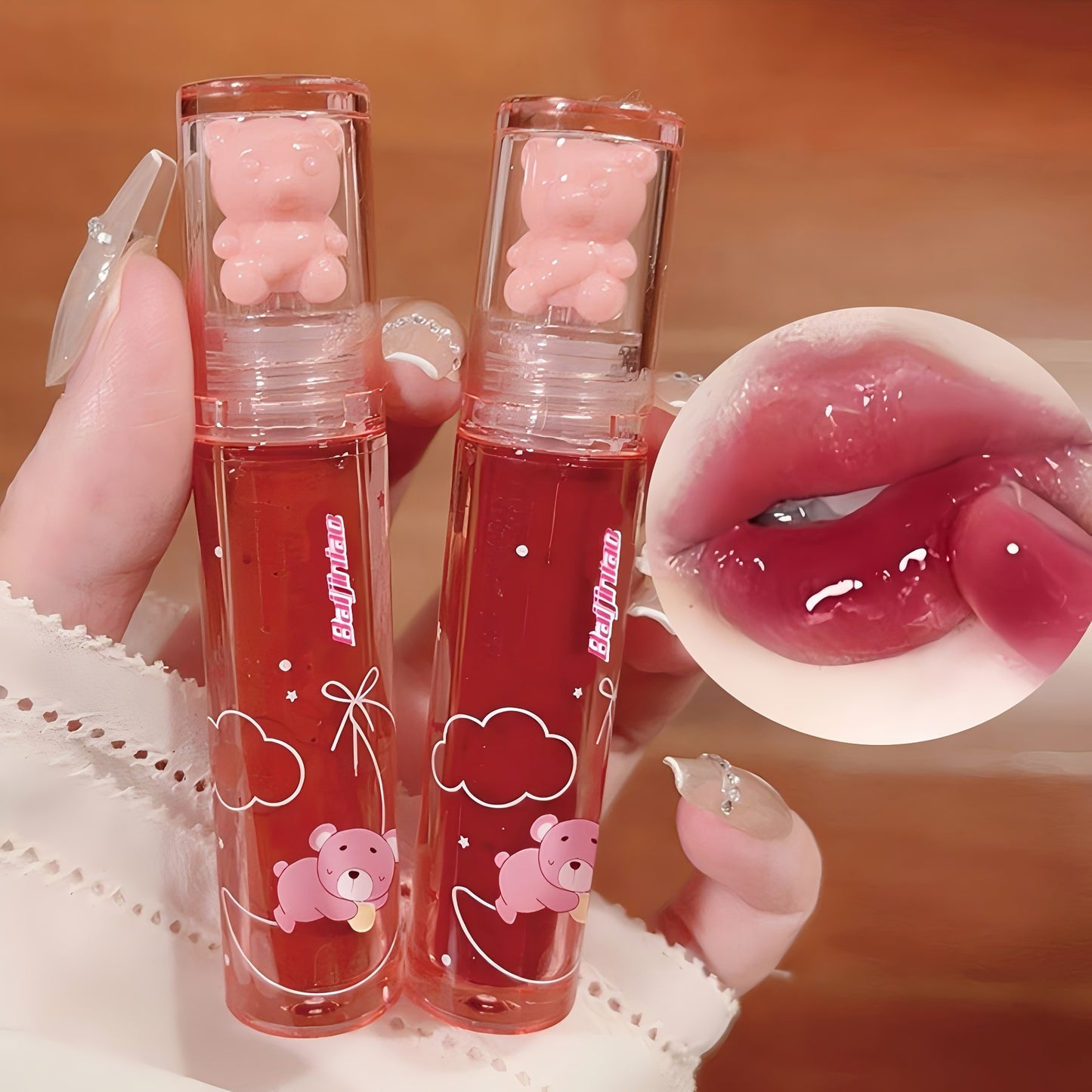 6 color lip glaze, cute little bear, mirror gloss, jelly lips with sparkling light dew water, long-lasting stain resistant transparent film forming lip gloss, full lip color.