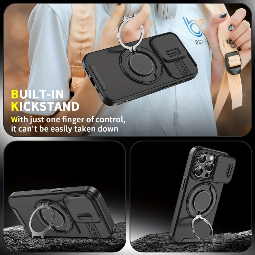 For iPhone 16/15/14/13/12/11/Pro/Max Pro/Plus Mobile Phone Case, with Sliding Camera Cover + [Full Camera Protection], with 360° Rotating Ring Bracket/Magnetic Car Bracket/Matte Texture Shockproof Mobile Phone Protective Case