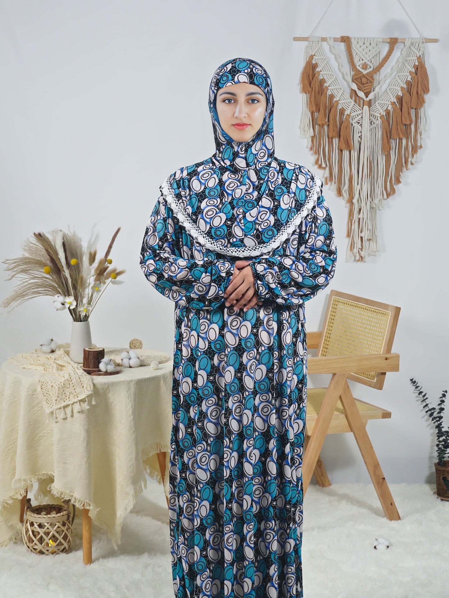 Floral Print Long Robe for Women, Comfortable Loose-Fit Prayer Dress, Ramadan Special, Polyester with Elastane, Machine Washable