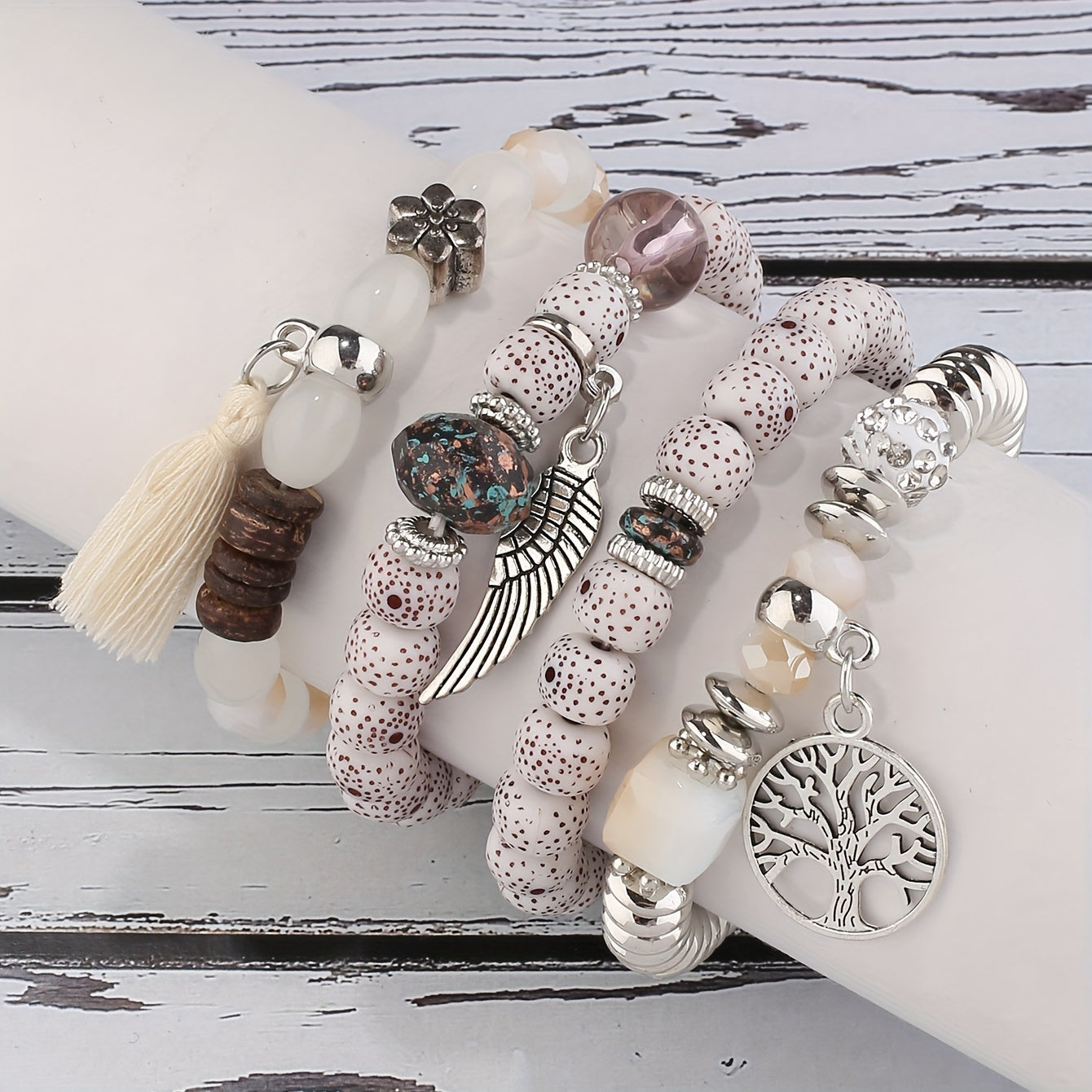 4pcs Bohemian Tree of Life & Feather Wing Pendant Bracelets - Handmade Acrylic Couples' Bangle with Tassels, Boho Style Jewelry for Men & Women, Romantic Gift Idea, Bohemian Jewelry, Handcrafted Bracelets