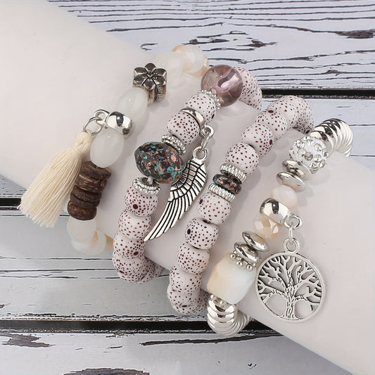 4pcs Bohemian Tree of Life & Feather Wing Pendant Bracelets - Handmade Acrylic Couples' Bangle with Tassels, Boho Style Jewelry for Men & Women, Romantic Gift Idea, Bohemian Jewelry, Handcrafted Bracelets