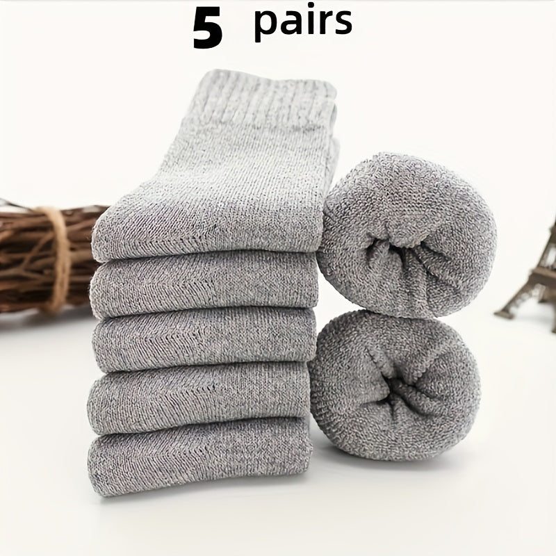 5 Pairs Men's Thick Wool Blend Socks - Cozy Mid-Calf Winter Socks in Solid Colors (Dark Gray, Light Blue, Brown, Navy Blue, Beige, White), Soft & Warm for Casual or Cold Weather, Cozy Footwear | Giftready Packaging | Quality Fabric Socks, Cute Socks