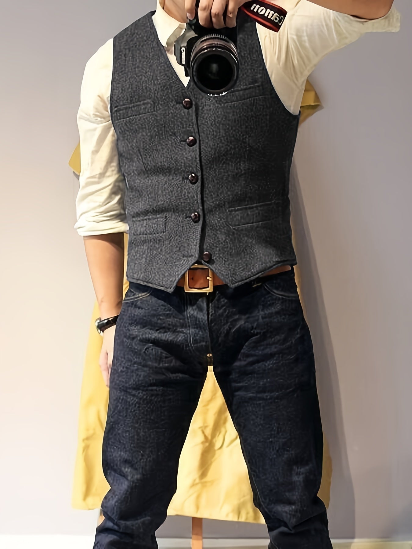 Men's Vintage Herringbone Tweed Vest - Western Cowboy Style, Gray Wool Blend with Button Front & Side Pockets for Weddings, Parties, Golf, Fishing, and Hunting