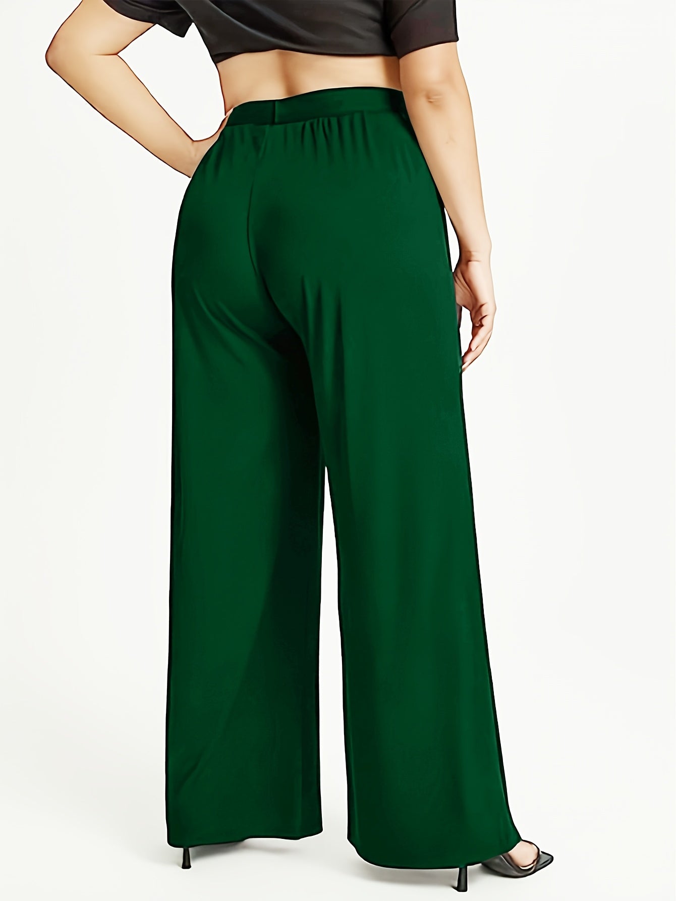 Women'S Plus Size Fashion Elegant Wide Leg Pants, Solid Color, High Stretch Knit Fabric, Straight Leg, 100% Polyester, 180g/m², for Spring/Summer