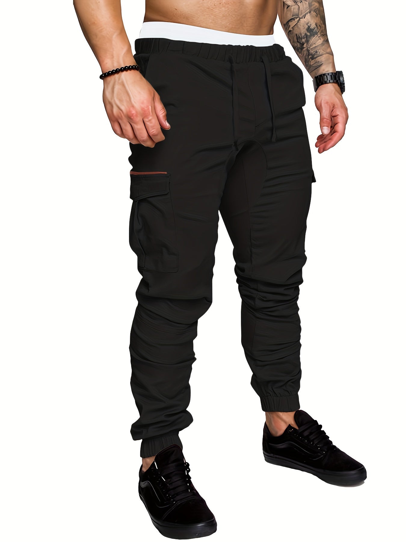 Men'S Casual Cargo Pants, Cotton Blend (95% Cotton, 5% Polyester), Solid Color, Non-Stretch Fabric, Woven, Regular Fit, Drawstring Waist, Belt Closure, Cropped Length, Suitable for Spring/Fall Season